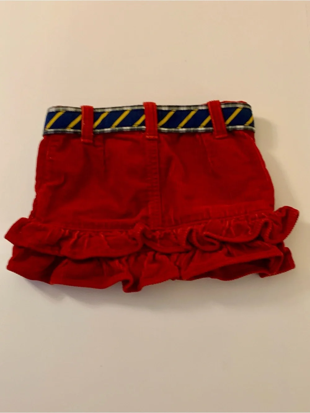 Ralph Lauren Red Corduroy Ruffle Skirt with Navy & Yellow Striped Belt